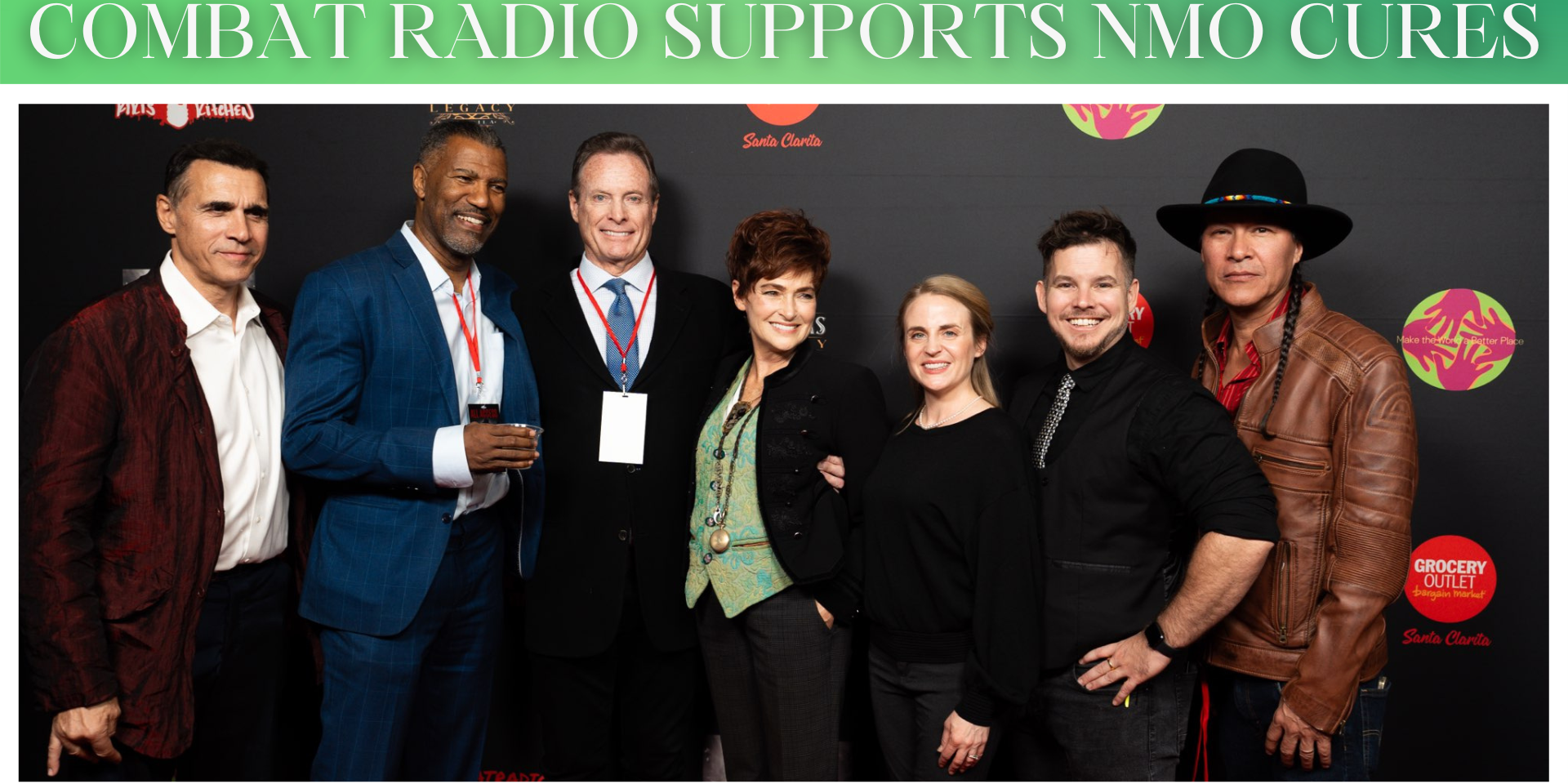 An image that reads "Combat radio supports nmo" with a group of celebrities